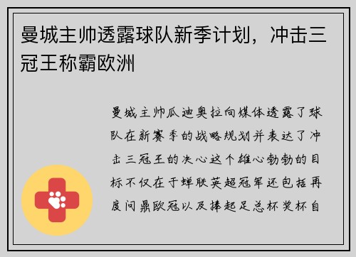 曼城主帅透露球队新季计划，冲击三冠王称霸欧洲